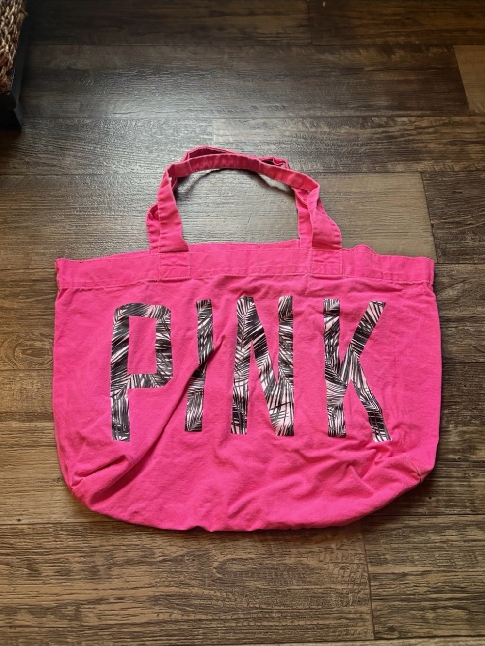 PINK Victoria's Secret Hot Pink Tote with Black & White Palm Print Logo